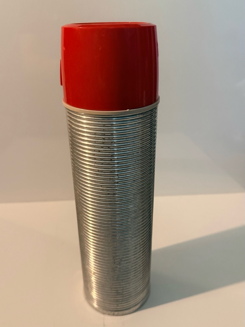 Thermos Silver Metal Bottle with Red Cap